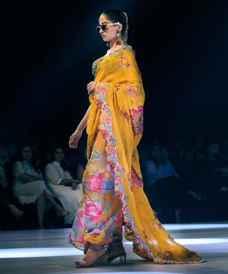 Yellow embroidered organza saree 3