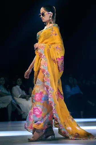 Yellow embroidered organza saree