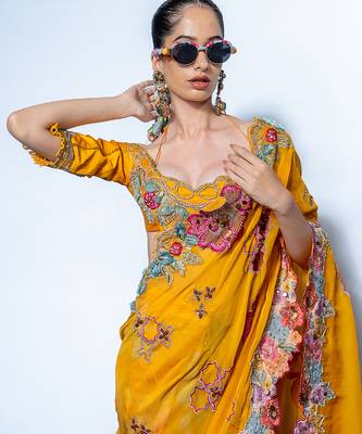 Yellow embroidered organza saree 4