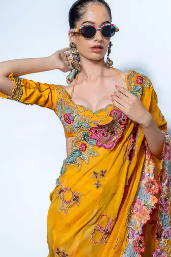 Yellow embroidered organza saree