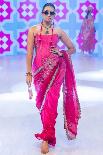 Pink embroidered crepe saree