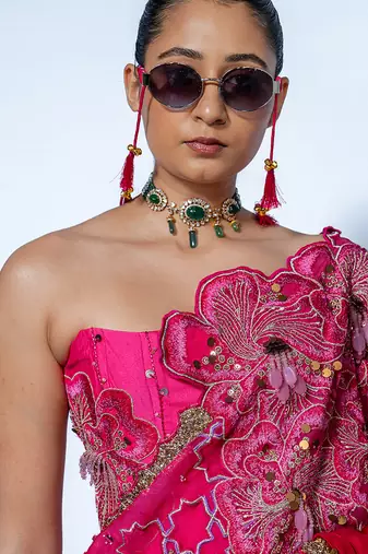 Pink embroidered crepe saree