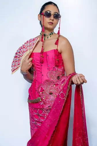 Pink embroidered crepe saree