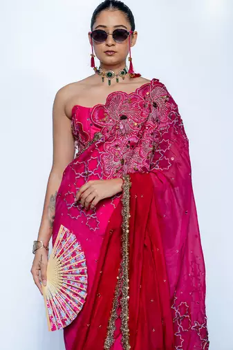 Pink embroidered crepe saree