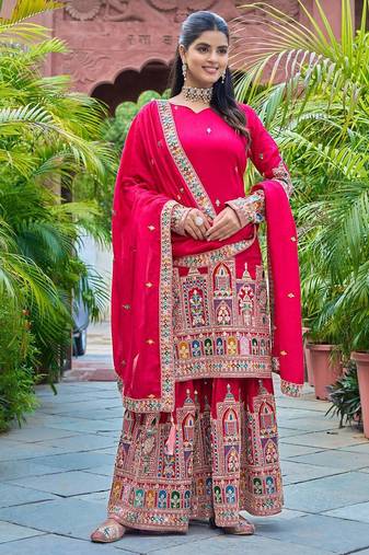 Pink Princess: Pure Chinnon Silk Top-Sharara Set with Intricate Embroidery