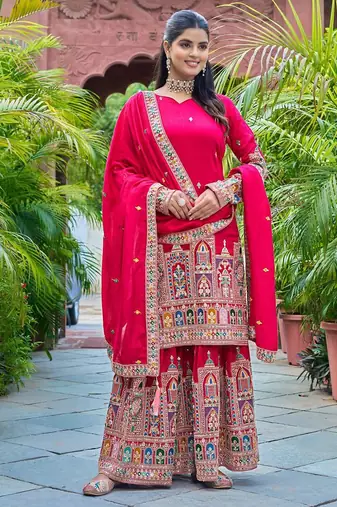 Pink Princess: Pure Chinnon Silk Top-Sharara Set with Intricate Embroidery