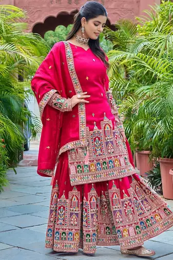 Pink Princess: Pure Chinnon Silk Top-Sharara Set with Intricate Embroidery