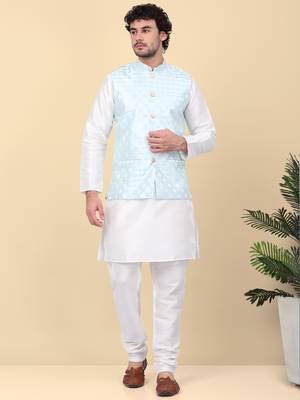 Men silk blend cream kurta and churidar with embroidered blue nehru jacket 1