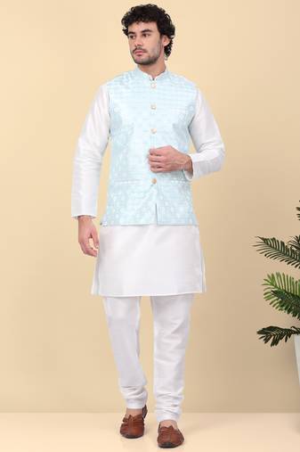 Men silk blend cream kurta and churidar with embroidered blue nehru jacket