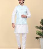 Men silk blend cream kurta and churidar with embroidered blue nehru jacket