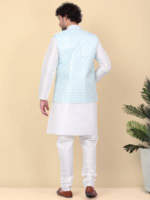 Men silk blend cream kurta and churidar with embroidered blue nehru jacket 3