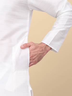 Men silk blend cream kurta and churidar with embroidered blue nehru jacket 4
