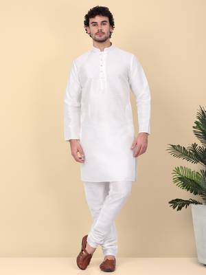 Men silk blend cream kurta and churidar with embroidered blue nehru jacket 5