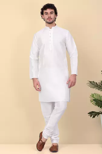 Men silk blend cream kurta and churidar with embroidered blue nehru jacket