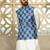 Silk blend solid cream kurta and churidar with blue printed nehru jacket