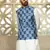 Silk blend solid cream kurta and churidar with blue printed nehru jacket