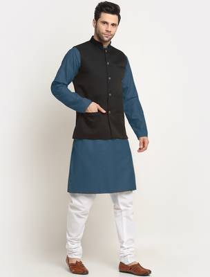 Cotton denim blue kurta and pyjama with black nehru jacket 1