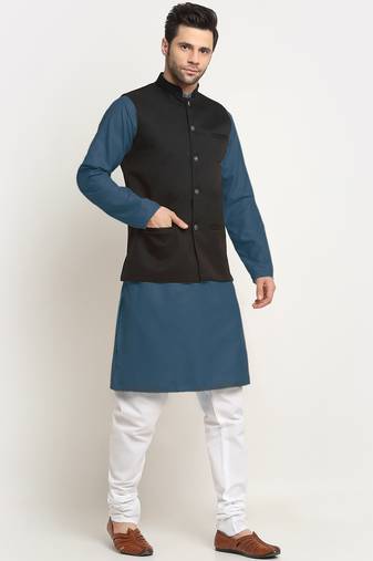 Cotton denim blue kurta and pyjama with black nehru jacket