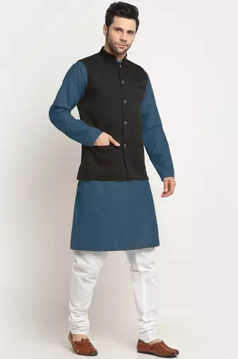 Cotton denim blue kurta and pyjama with black nehru jacket