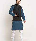 Cotton denim blue kurta and pyjama with black nehru jacket