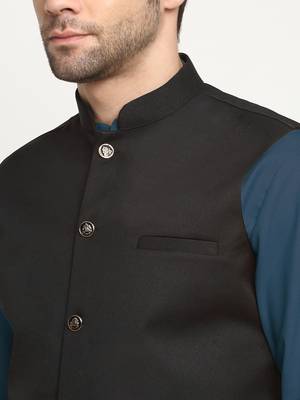 Cotton denim blue kurta and pyjama with black nehru jacket 2