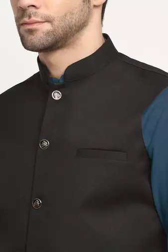 Cotton denim blue kurta and pyjama with black nehru jacket