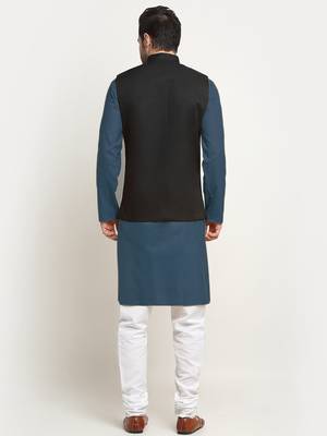 Cotton denim blue kurta and pyjama with black nehru jacket 3
