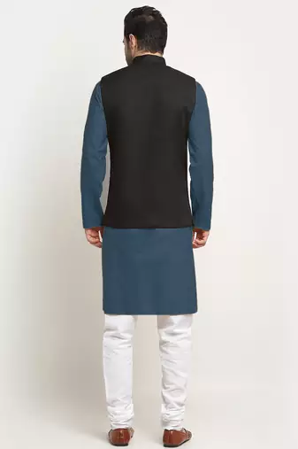 Cotton denim blue kurta and pyjama with black nehru jacket