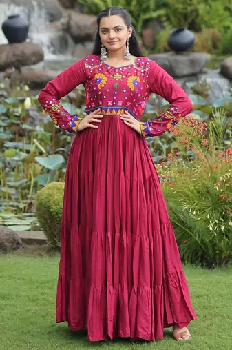 Maroon rayon kutchi gamthi work navratri ruffle gown