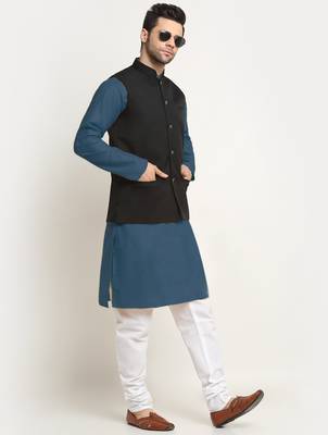 Cotton denim blue kurta and pyjama with black nehru jacket 4