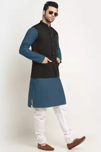 Cotton denim blue kurta and pyjama with black nehru jacket