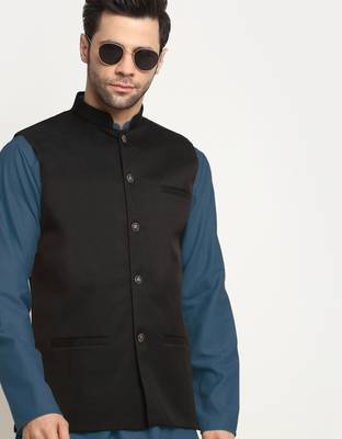 Cotton denim blue kurta and pyjama with black nehru jacket 5