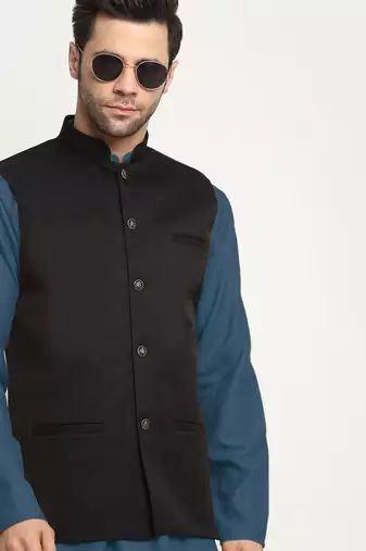 Cotton denim blue kurta and pyjama with black nehru jacket