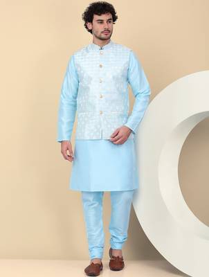 Men silk blend blue kurta and churidar with embroidered nehru jacket 1