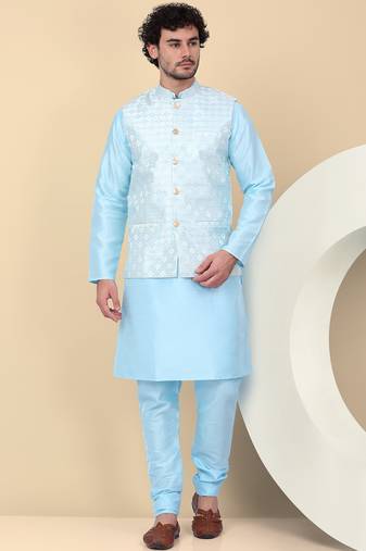 Men silk blend blue kurta and churidar with embroidered nehru jacket