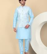 Men silk blend blue kurta and churidar with embroidered nehru jacket