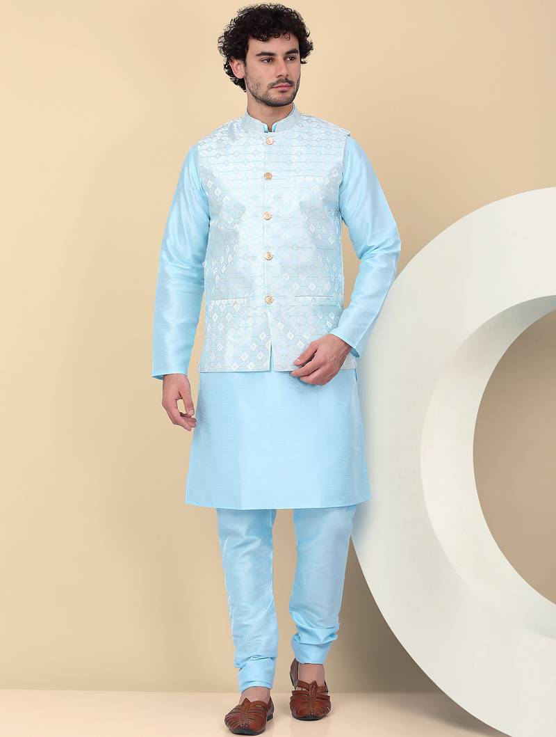 Men silk blend blue kurta and churidar with embroidered nehru jacket