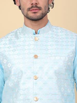 Men silk blend blue kurta and churidar with embroidered nehru jacket 2