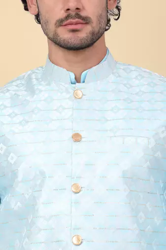 Men silk blend blue kurta and churidar with embroidered nehru jacket