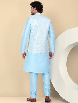 Men silk blend blue kurta and churidar with embroidered nehru jacket 3