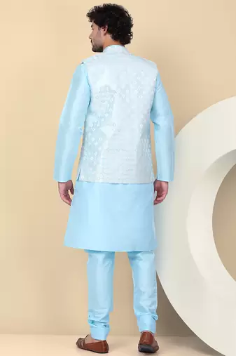 Men silk blend blue kurta and churidar with embroidered nehru jacket