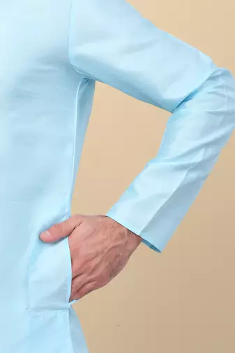 Men silk blend blue kurta and churidar with embroidered nehru jacket