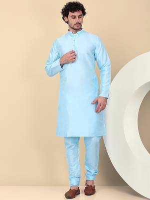 Men silk blend blue kurta and churidar with embroidered nehru jacket 5
