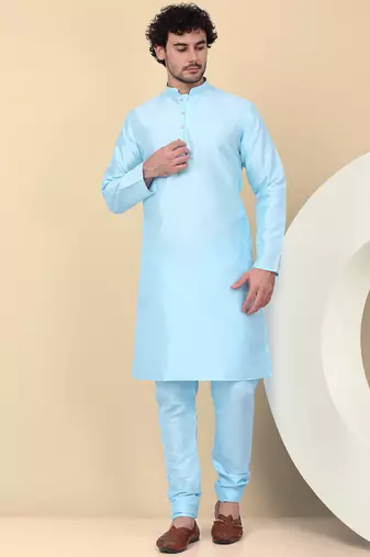 Men silk blend blue kurta and churidar with embroidered nehru jacket