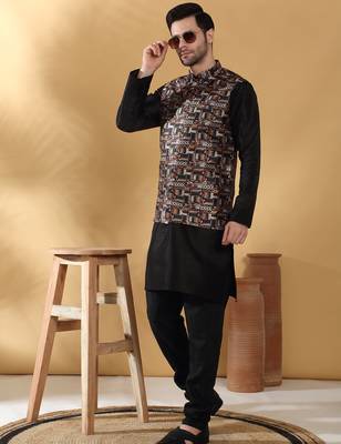 Silk bleand black kurta churidar with abstract printed black nehru jacket 1