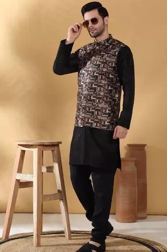 Silk bleand black kurta churidar with abstract printed black nehru jacket