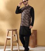 Silk bleand black kurta churidar with abstract printed black nehru jacket