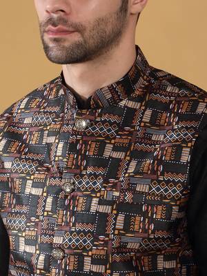 Silk bleand black kurta churidar with abstract printed black nehru jacket 2
