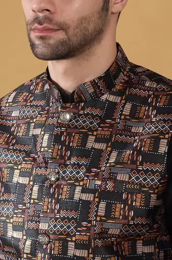 Silk bleand black kurta churidar with abstract printed black nehru jacket