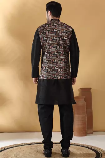 Silk bleand black kurta churidar with abstract printed black nehru jacket